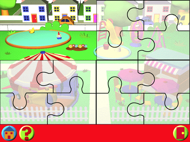 Learning Land 1: At The Playground (Windows) screenshot: When al four pieces of the jigsaw are in place they form a picture with a couple of clickable hot spots. The missing pieces come in later issues