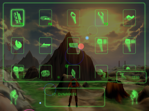 Outcast (Windows) screenshot: You'll amass vast amounts of items on your journey. Some of them are assigned to function keys