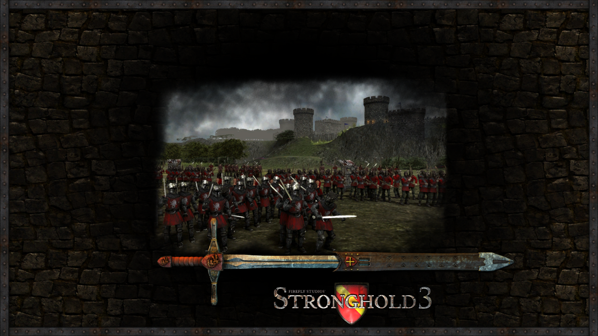 FireFly Studios' Stronghold 3 (Windows) screenshot: One of the many loading screens, featuring a sword as a loading bar