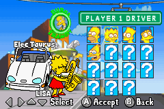 The Simpsons: Road Rage (Game Boy Advance) screenshot: Only a few characters are available at the start of the game