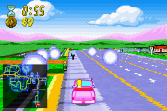 The Simpsons: Road Rage (Game Boy Advance) screenshot: The spinning orbs indicate a fare that needs picking up