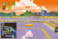 The Simpsons: Road Rage (Game Boy Advance) screenshot: Hitting these arrows gives you a speed boost