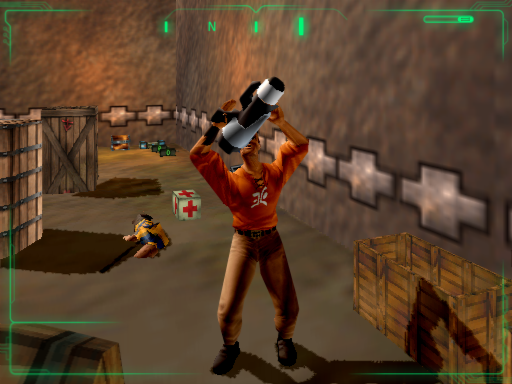 Outcast (Windows) screenshot: Wee! Jumping of joy with a new gun; the body of the enemy and a health kit are lying behind