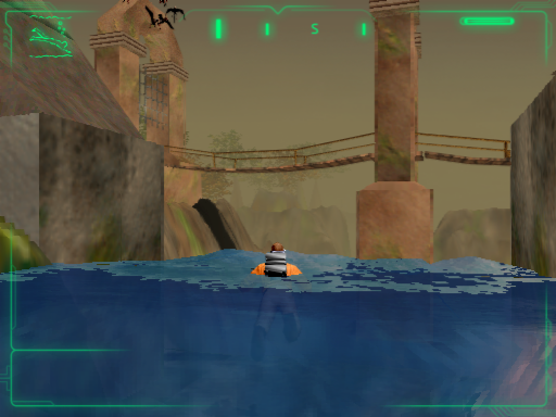 Outcast (Windows) screenshot: Swimming under a bridge towards a waterfall in Okaar