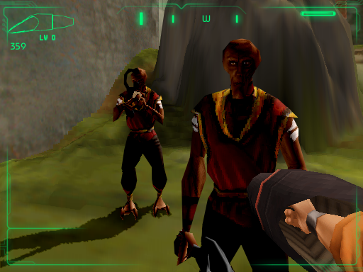 Outcast (Windows) screenshot: As I point the gun at the enemy, another one blows his horn to summon help!..