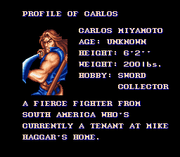 Final Fight 2 (SNES) screenshot: Profile of Carlos