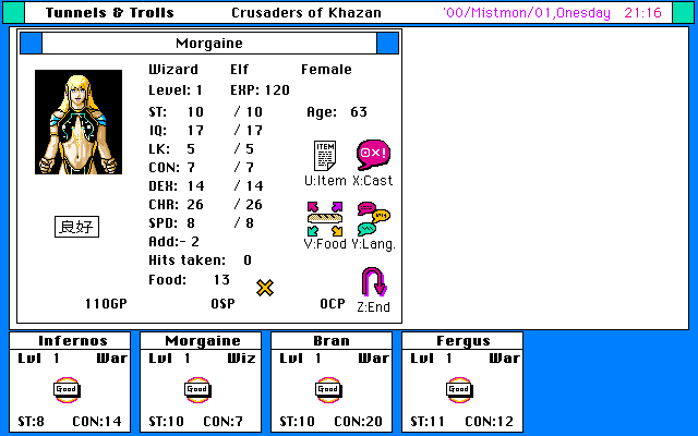 Tunnels & Trolls: Crusaders of Khazan (FM Towns) screenshot: Character stats