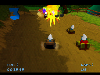 Smurf Racer (PlayStation) screenshot: Shooting ammo to the other players can slow down them.