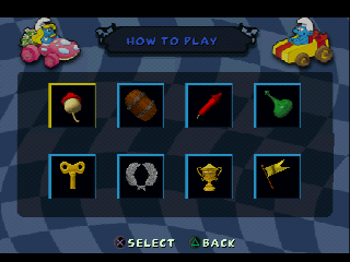 Smurf Racer (PlayStation) screenshot: Tutorial mode, in this mode Brainy will explain the meaning of these objects.