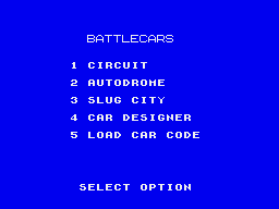 Battlecars (ZX Spectrum) screenshot: Select track or made new car