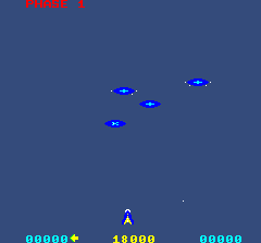 Quasar (Arcade) screenshot: Phase 1. Shoot the UFOs as they descend.