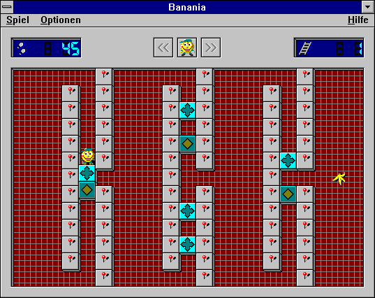 Banania (Windows 3.x) screenshot: When pushing the blue boxes, the main character Berti is not restricted to only one box.