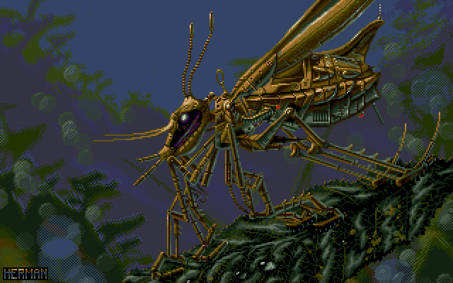 Infestation (FM Towns) screenshot: A Herman Serrano picture of a robotic insect in an organic world
