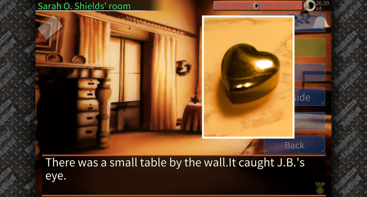 Manhattan Requiem (Android) screenshot: Looking for clues in Sarah O's room, found this heart-shaped music box