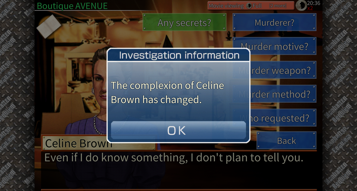 Manhattan Requiem (Android) screenshot: Interrogating Celine Brown