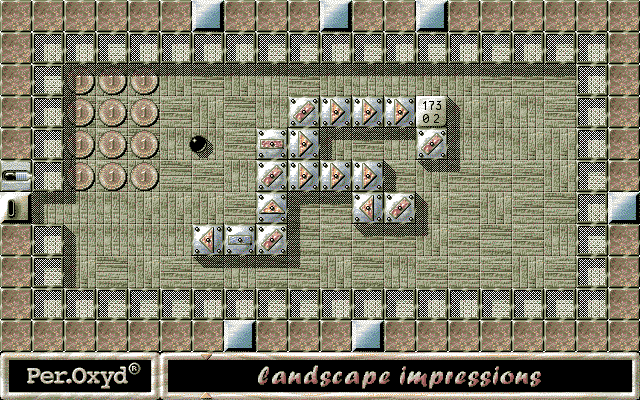 Oxyd 2 (DOS) screenshot: "Landscape impressions" give a preview of later levels.