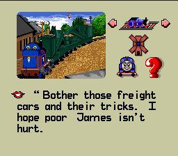 Thomas the Tank Engine & Friends (SNES) screenshot: I hope poor James isn't hurt.