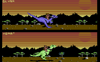 Caveman Ugh-Lympics (Commodore 64) screenshot: The dino race