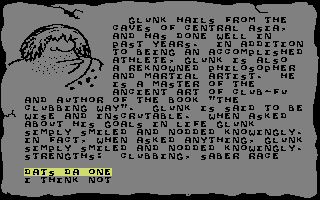Caveman Ugh-Lympics (Commodore 64) screenshot: A character profile