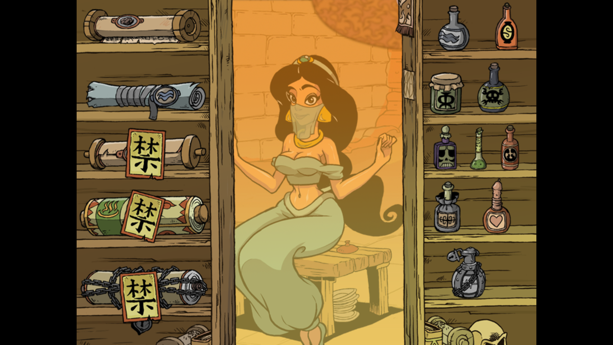 Magic Shop (Windows) screenshot: Princess Jasmine sitting in the magic shop, scrolls are on the left, potions on the right
