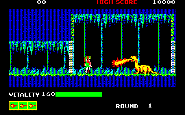 Dragon Buster (PC-88) screenshot: You need to time your attacks carefully in order to escape the flames of Fafnil