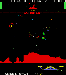 Orbitron (Arcade) screenshot: Some parts of the planet have been bombed already.