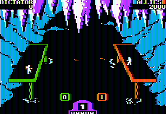 Beach-Head II: The Dictator Strikes Back (Apple II) screenshot: The final sequence, up against the dictator in a knife (throwing) fight