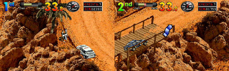 World Rally 2: Twin Racing (Arcade) screenshot: A two-player race in progress