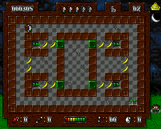 Blockhead (Amiga) screenshot: Collect some bananas for extra points