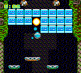 Devilish (Game Gear) screenshot: Blasting the squares. You can change the formation of your pads at any time. Here, you have three pads, one of which can be moved into any direction