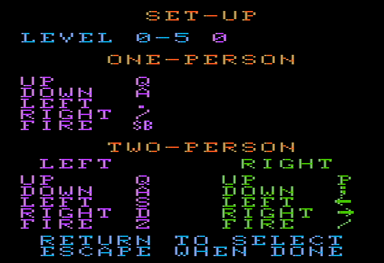 Space Cadette (Apple II) screenshot: Setup screen