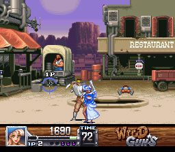 Wild Guns (SNES) screenshot: On the streets of Carson City. Annie about to whack a guy in the head that came a little too close