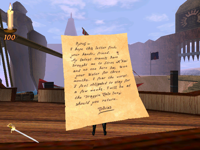 The Elder Scrolls Adventures: Redguard (Windows) screenshot: The letter from Captain Tobias informing Cyrus of his sister's disappearance.