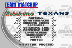 Madden NFL 2004 (Game Boy Advance) screenshot: Team matchup