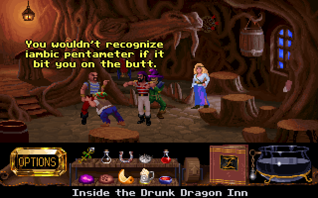 Fables & Fiends: Hand of Fate (FM Towns) screenshot: Heated argument about iambic pentameter during Pirate Poetry night at the Drunk Dragon (English mode)