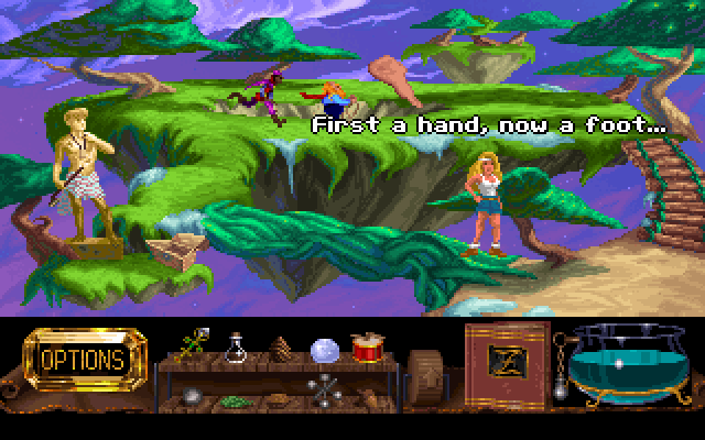 Fables & Fiends: Hand of Fate (FM Towns) screenshot: Two guys chasing after the Foot of Bal-Rom (English mode)