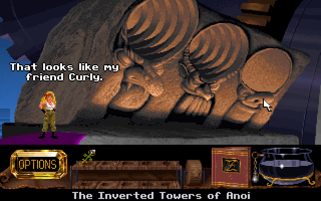 Fables & Fiends: Hand of Fate (FM Towns) screenshot: That damned inverted version of the Towers of Hanoi puzzle (English mode); on the bright side there's also a Three Stooges reference here