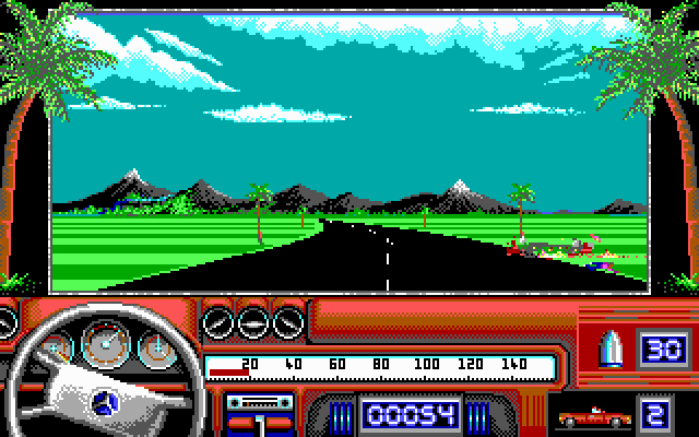 Beverly Hills Cop (DOS) screenshot: Your car has rolled and exploded by the side of the road, but your dashboard is just fine.