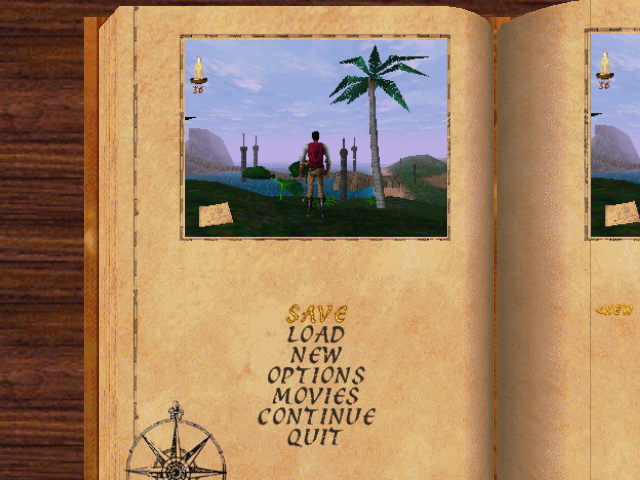 The Elder Scrolls Adventures: Redguard (Windows) screenshot: Save game menu, with a minimized version of the current game view.