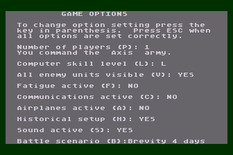Rommel: Battles for Tobruk (Atari 8-bit) screenshot: Game Setup
