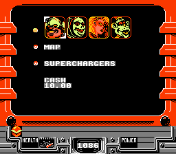 Defenders of Dynatron City (NES) screenshot: Main menu: your character and his sidekicks, map, and other stuff
