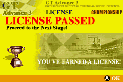 GT Advance 3: Pro Concept Racing (Game Boy Advance) screenshot: License passed