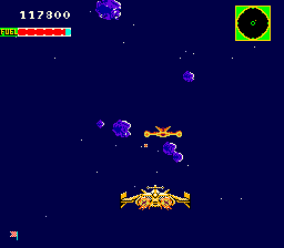 Ambush (Arcade) screenshot: Purple asteroids and a new type of enemy