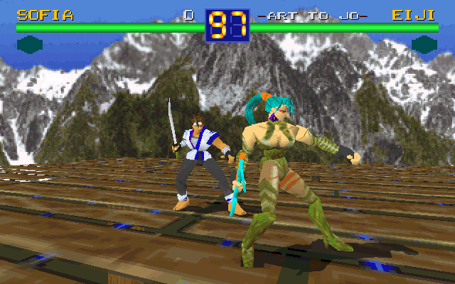 Battle Arena Toshinden (DOS) screenshot: Sofia vs. Eiji in alternate costumes (640x400, software mode).