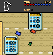 Micro Machines (J2ME) screenshot: Jumping over calculators