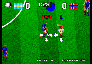 Tecmo World Soccer '96 (Arcade) screenshot: When a player with the ball runs into another player, you have the option of feinting to trick them out.
