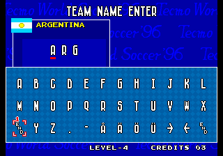 Tecmo World Soccer '96 (Arcade) screenshot: The team name defaults to the country name, but can be customized. This will control th ehigh score displaay.
