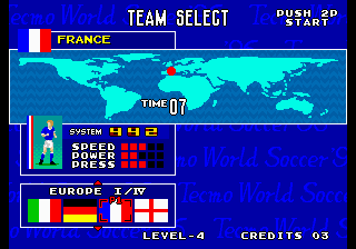 Tecmo World Soccer '96 (Arcade) screenshot: Team select. There are a wide number of teams from across the world to choose from.