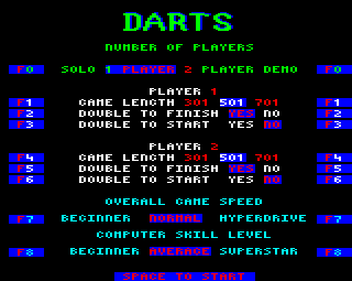 Superstar Indoor Sports (BBC Micro) screenshot: Settings for darts
