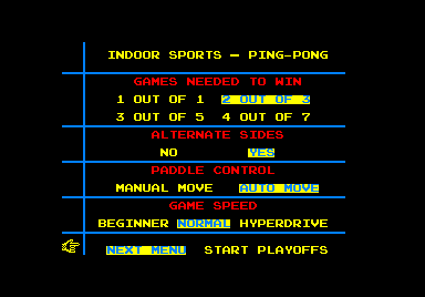 Superstar Indoor Sports (Amstrad CPC) screenshot: Settings for ping pong